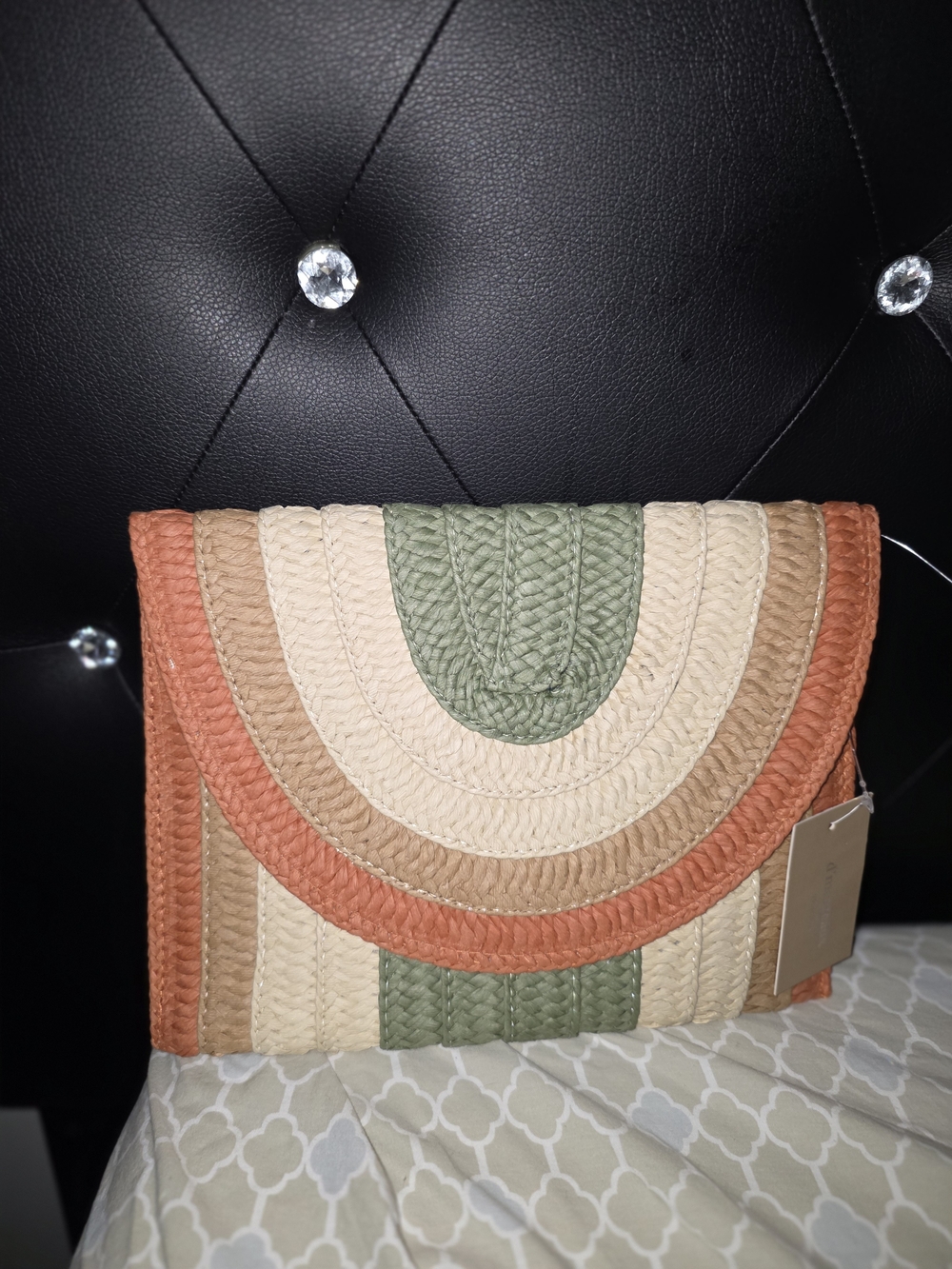 Multicolor Woven Envelope Clutch - Green, Cream & Tan